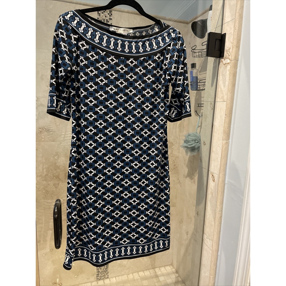 Max Studio Women Blue White Batik Print Stretch A-Line Casual Dress M